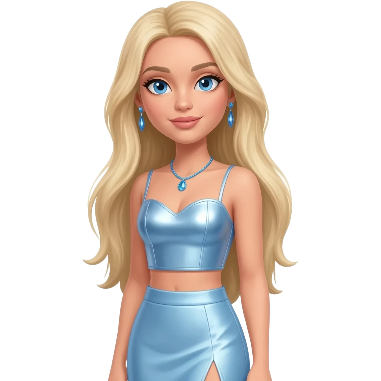 Cloe from Bratz with blue eyes, long blonde hair, light blue metallic sweetheart crop top, light blue metallic assymetrical long skirt, blue necklace and earrings emoji
