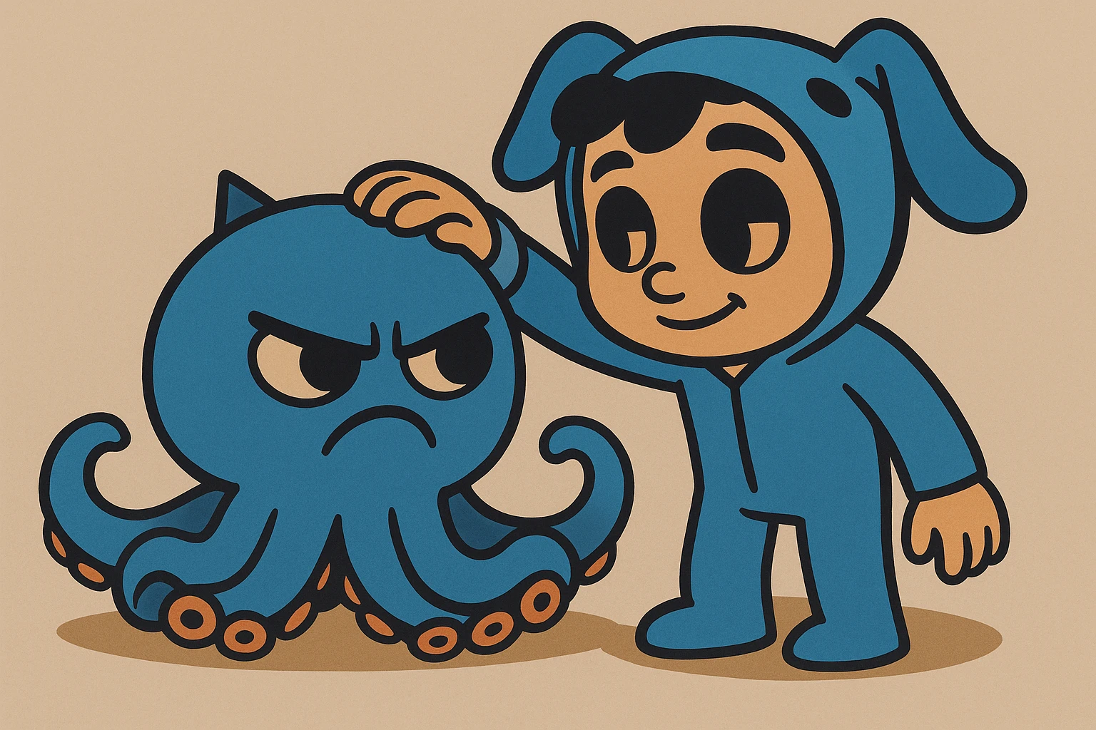 Change the octopus to have an angry expression with furrowed brows and frown, while the human keeps a gentle smile. Cartoon style, keep the same pose. emoji