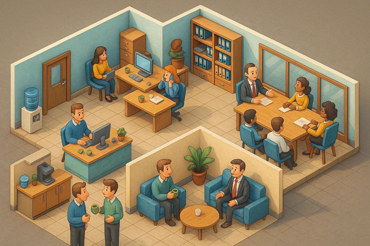 В слегка рисованном, но при этом ярком и объемном стиле - четкую, изометрическую 3D-сцену в мультяшном стиле с видом сверху под углом 45°, изображающую офис кабинетами, open space и другими характерными местами. В офисе работают люди - кто-то говорит по телефону, работает за компьютером, другие пьют кофе, сидят на общем собрании, переговори. Используйте мягкие, изысканные текстуры с реалистичными PBR-материалами и мягким, реалистичным освещением и тенями, не обрезать картинку краями кадра emoji