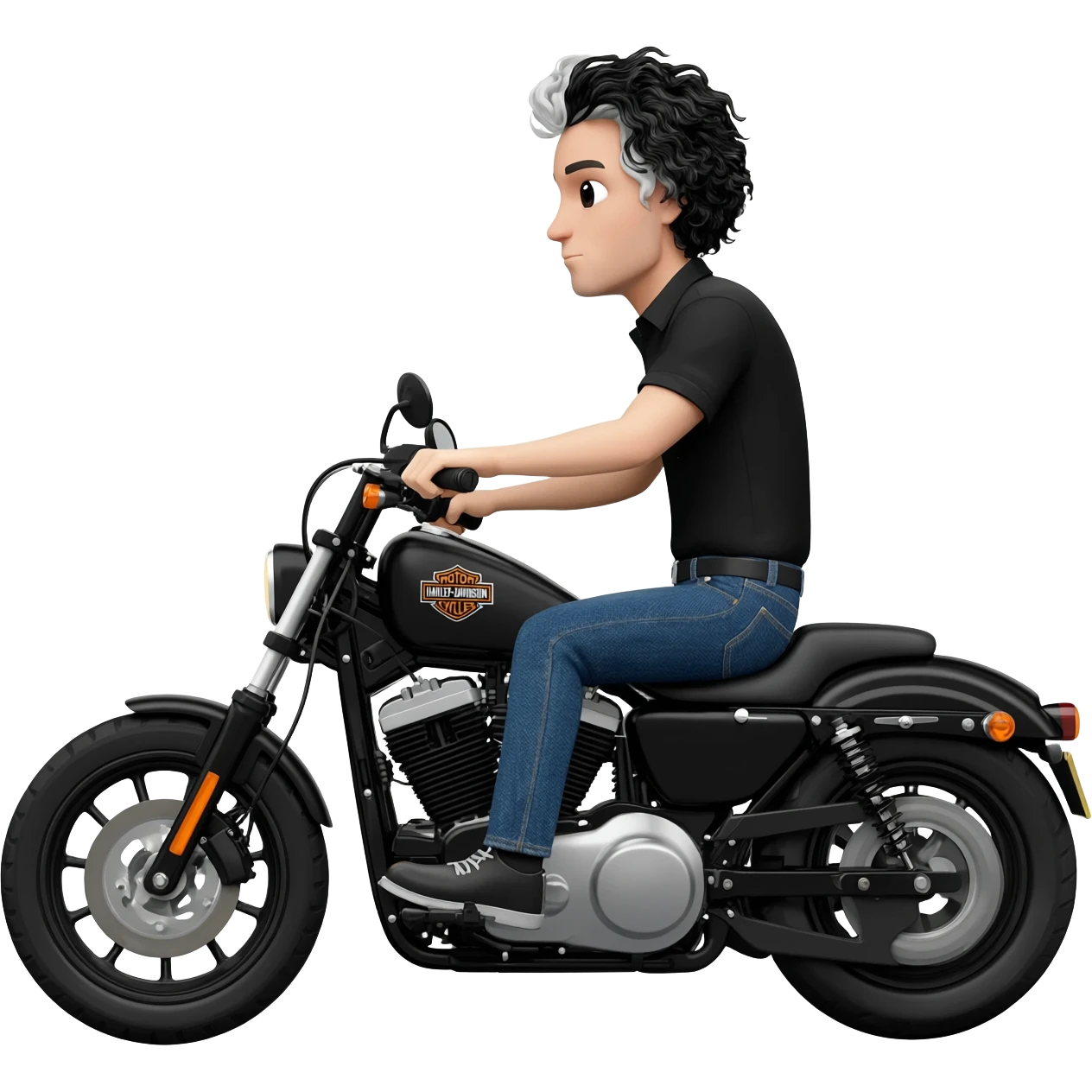 White guy with wavy black and white hair riding Harley Davidson in jeans and black shirt emoji
