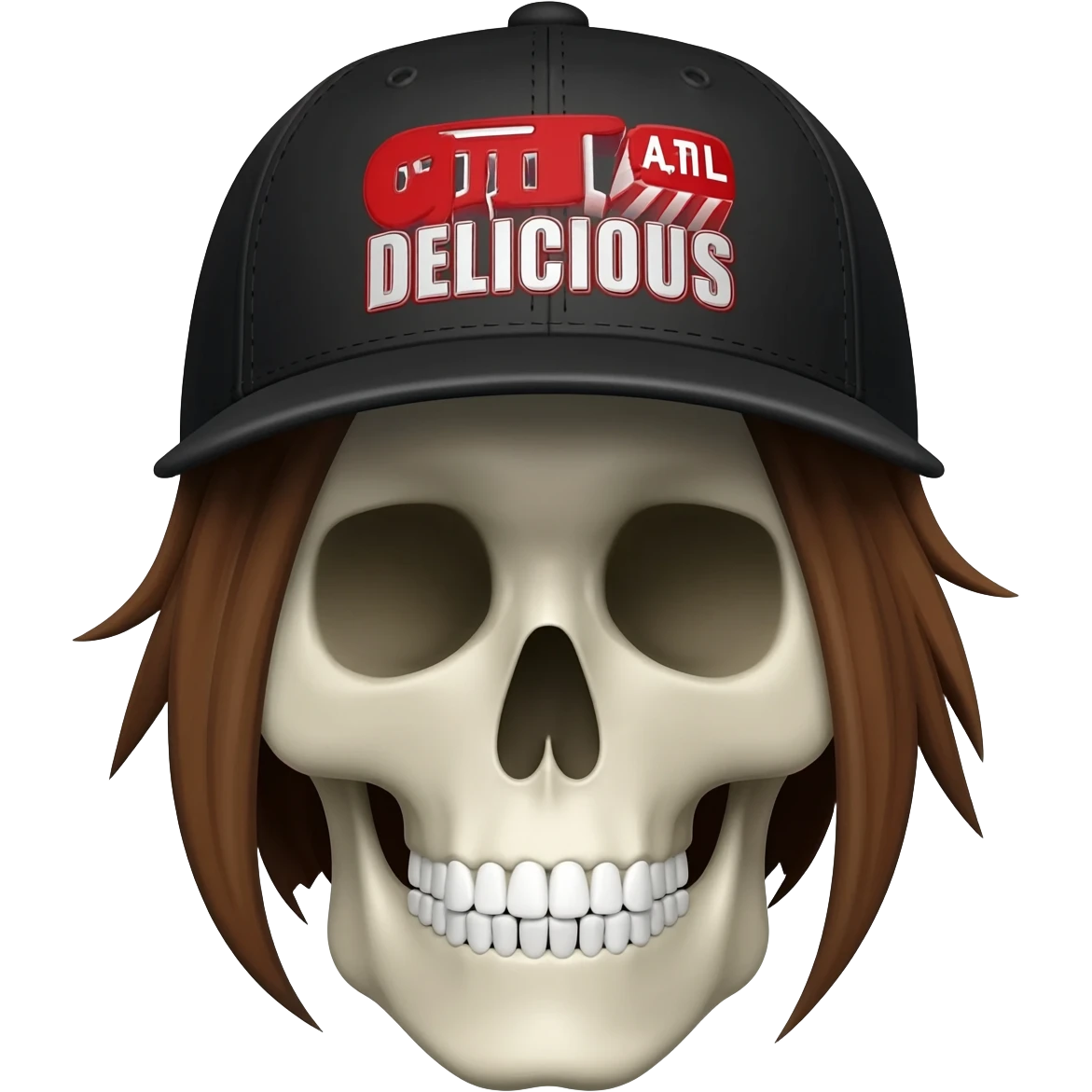 Create a skeleton head wearing a black baseball cap that says " C t r l A l t D e l i c i o u s " in Red, and white lettering, with brown hair emoji