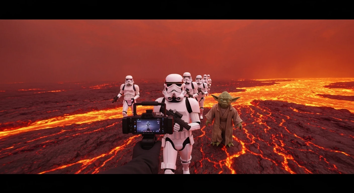 Shot on vlog camera, Starwars stormtroopers is walking on lava planet with yoda emoji
