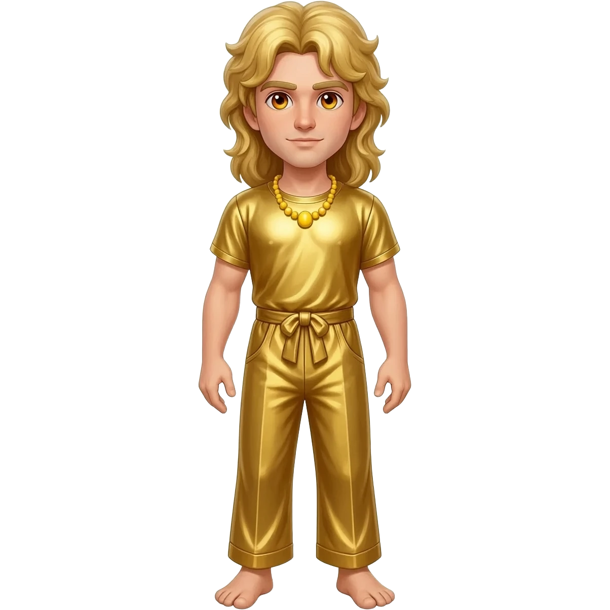 Apollo from Greek Mythology with amber eyes, long blonde hair, gold metallic shirt, gold metallic baggy pants, yellow necklace emoji