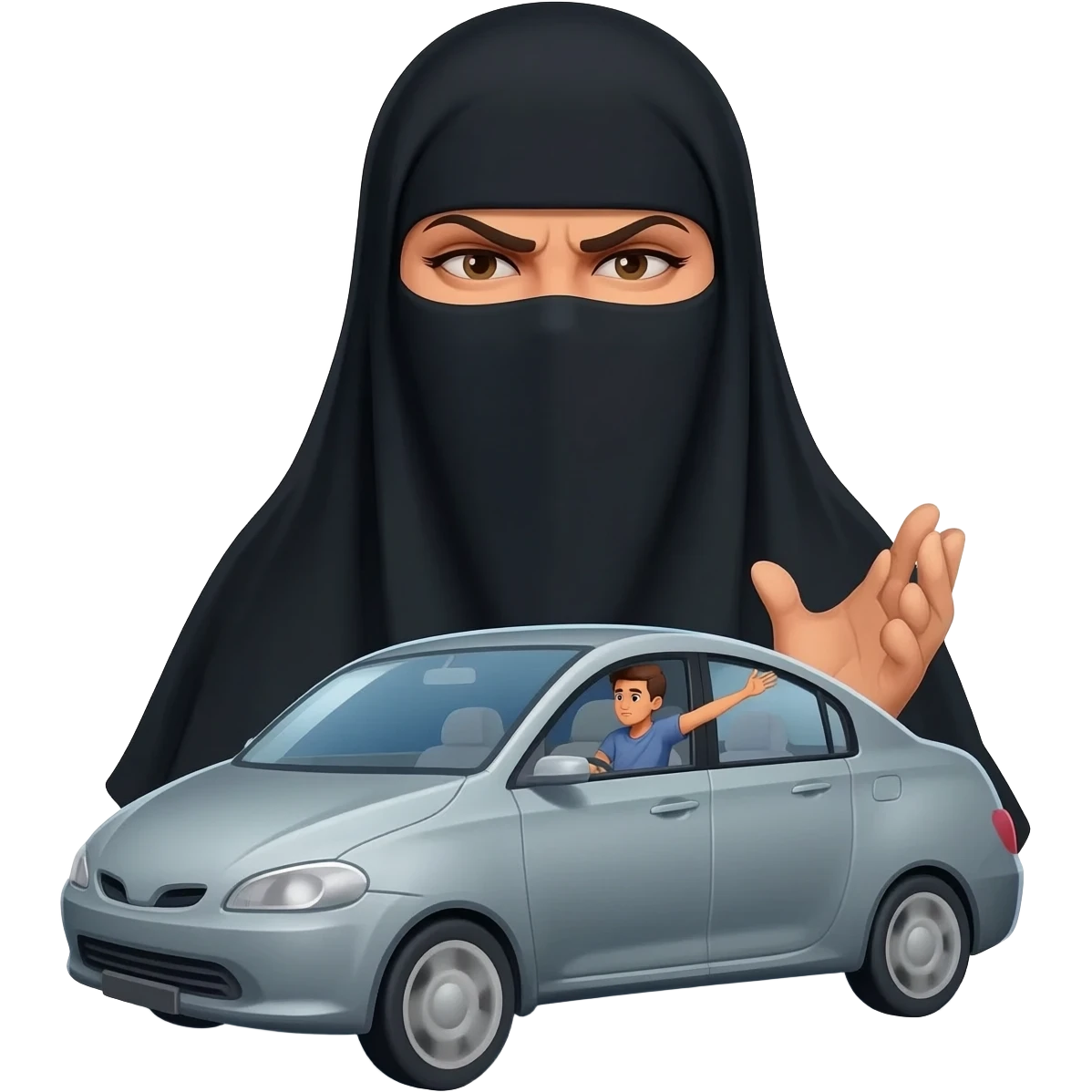 une grosse femme dominatrice avec burca noir qui hurle et insulte un jeune homme innocent conducteur dans sa voiture emoji