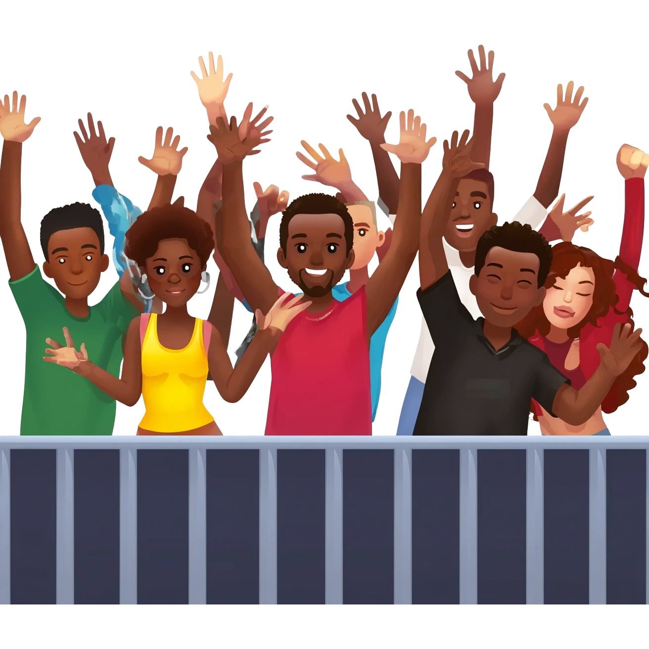 Group of African American men and women fans at hip hop concert with hands raised enjoying the music emoji