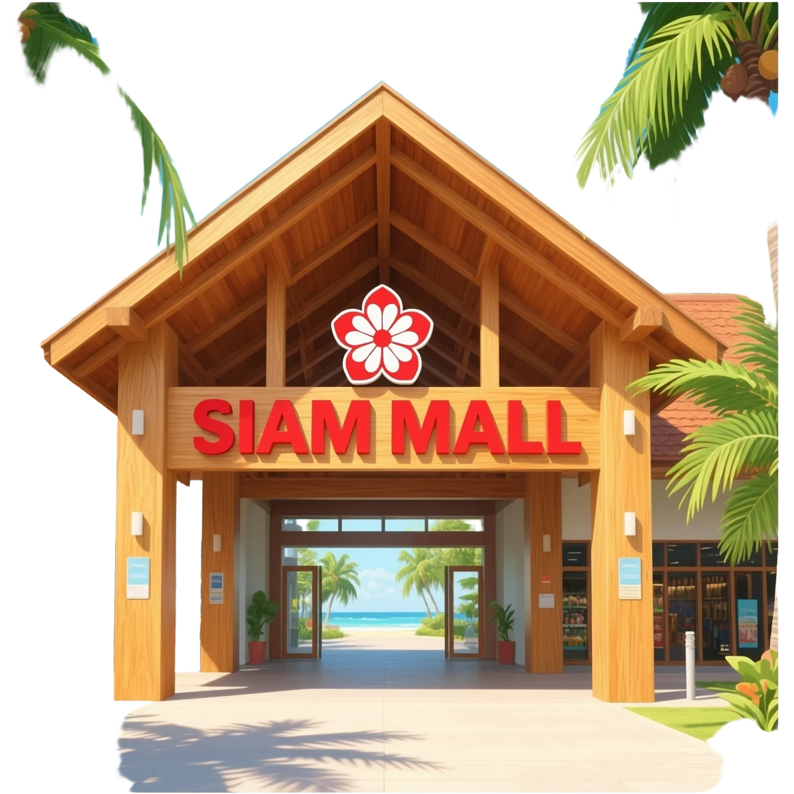 Open-air tropical shopping mall entrance with tall light-wood pillars, large triangular wooden roof structure, red and white flower logo above the entrance, ‘SIAM MALL’ sign in red letters, warm wood tones, sunny island atmosphere, clean simple emoji-style illustration. emoji