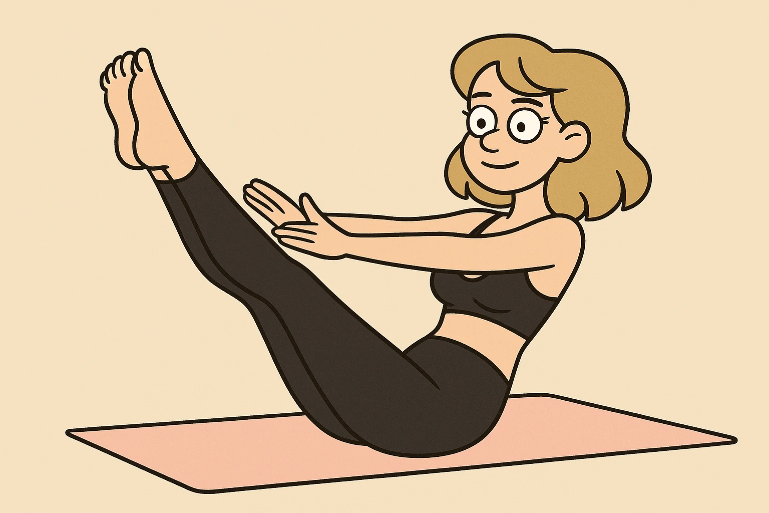 dirty blonde girl with black leggings and black bra doing pilates, sitting pose, flat toon style emoji