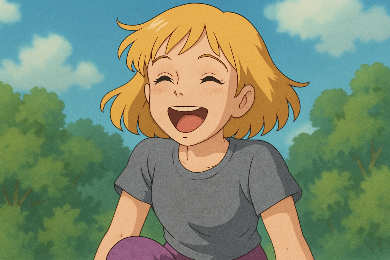 A girl yellow hair brown eyes grey Women's just t's short triblend t-shirt purple trousers laughing emoji