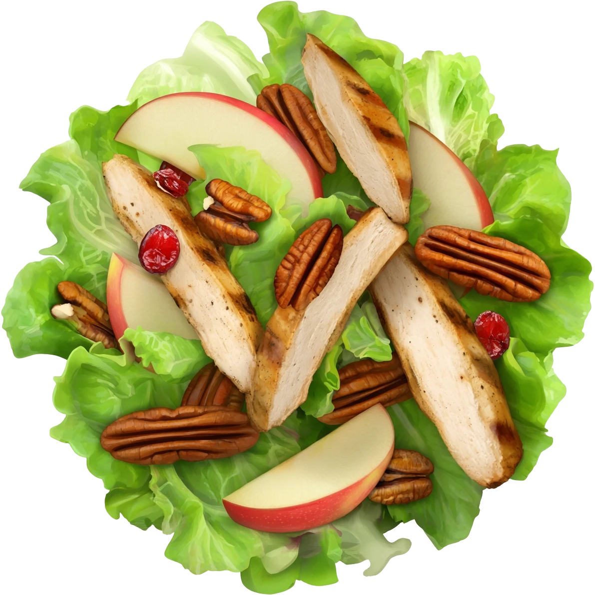 Salad with pecans, grilled chicken, dried cranberries, and apples made with iceberg lettuce emoji