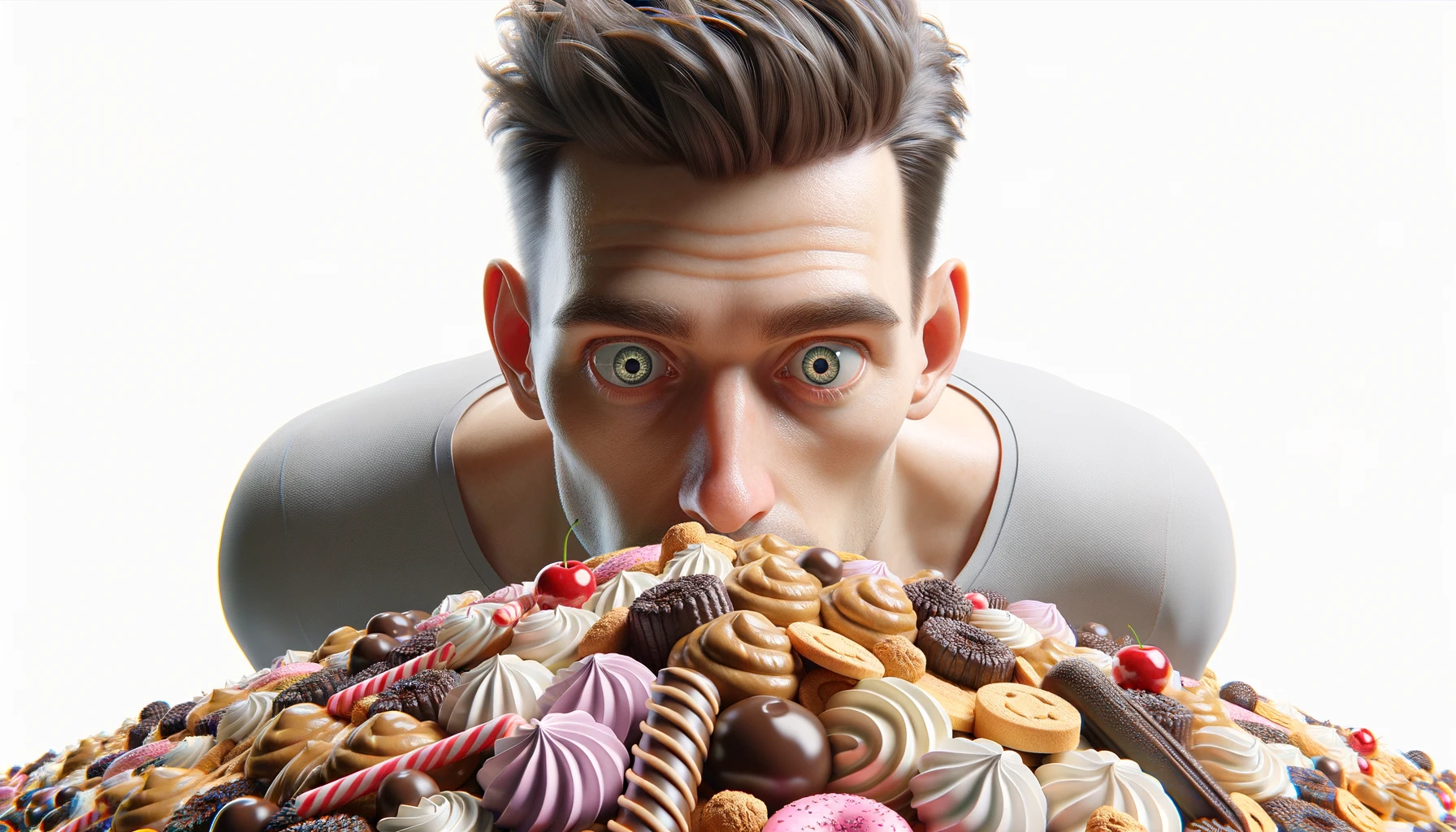 corpo umano anatomico con capelli corti che guarda una montagna di dolci e junk food davanti a lui con  gli occhi sbarrati e l'espressione nervosa perché li desidera, visto dall'alto, iperrealistica 4k, isolato su sfondo bianco emoji