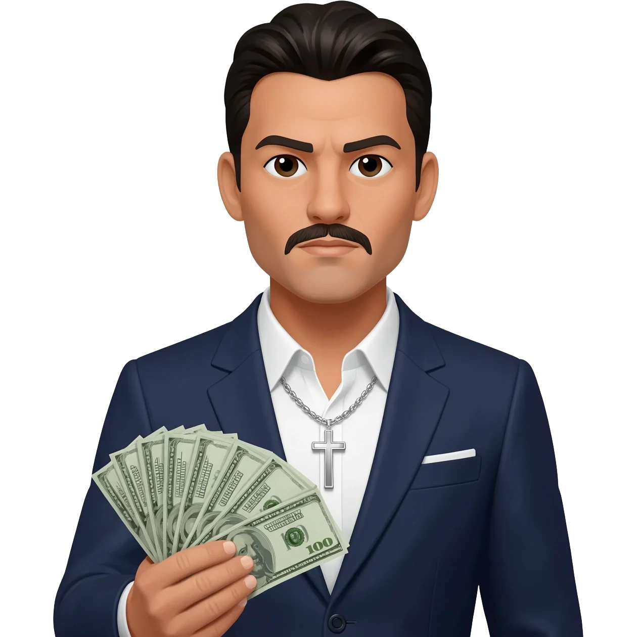 mexican in a suit with a cross necklace holding money emoji
