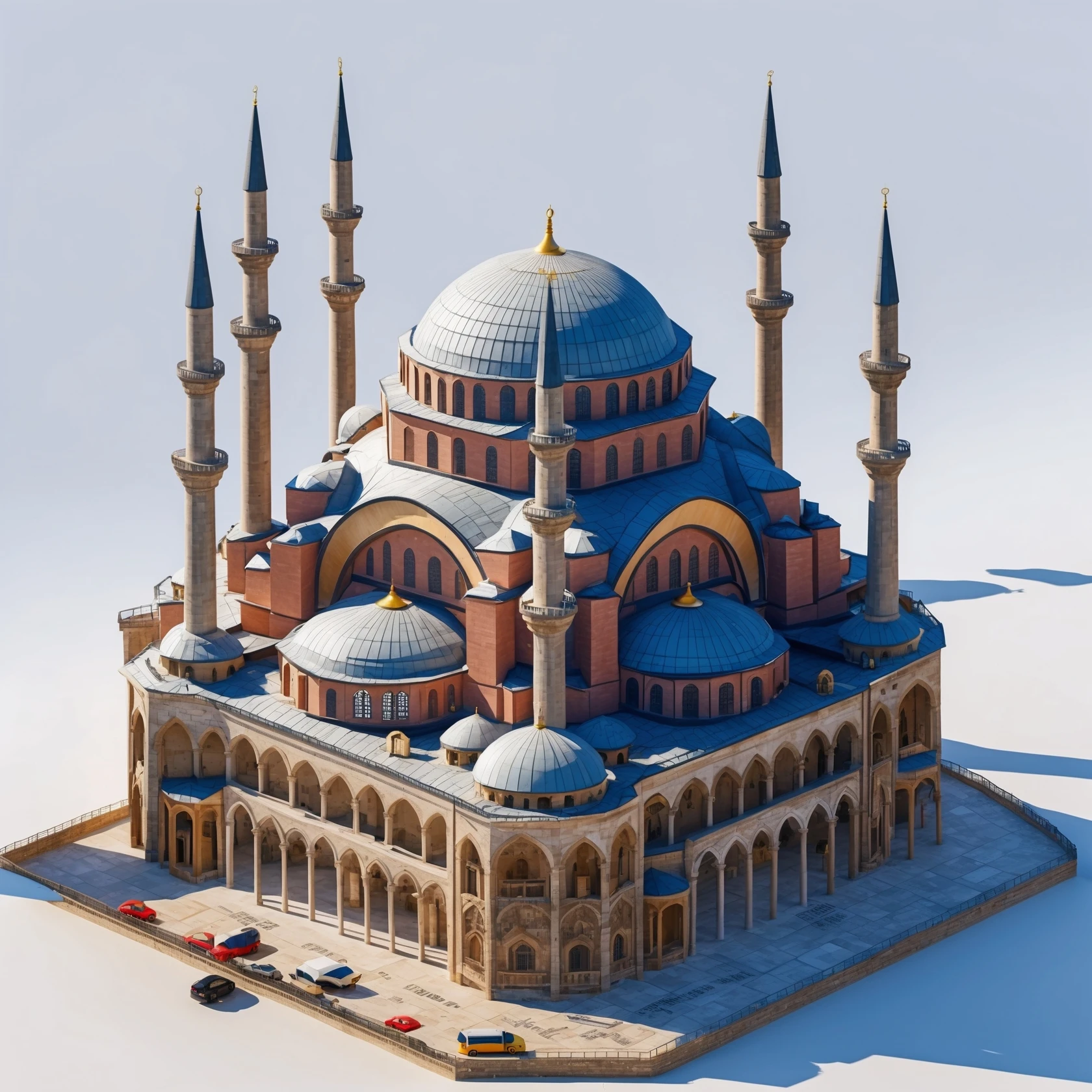 Isometric illustration of Istanbul, featuring real photorealistic Hagia Sophia with ts large central dome and four tall minarets, with real transparent background emoji