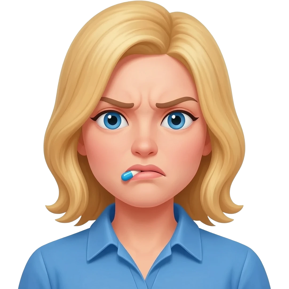 Blond hair woman blue eyed in a blue shirt  spits out a pill in disgust emoji