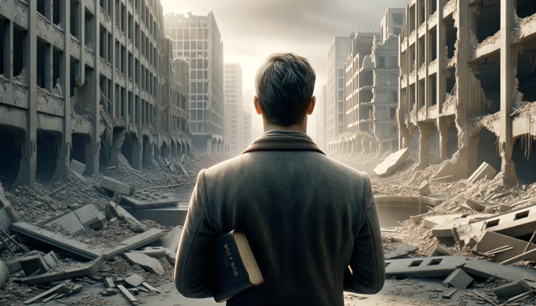 UOMO DI SPALLE DAVANTI AD UNA CITTà SMANTELLATA SENZA MURA CON UNA BIBBIA IN MANO, GUARDA LA CITTà, IPERREALISTICO 4K emoji