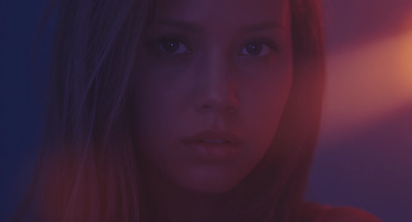 Cinematic scene, Closeup photo of woman face lit with a single ray of light, blue tone sorrounding, red/orange right ray emoji