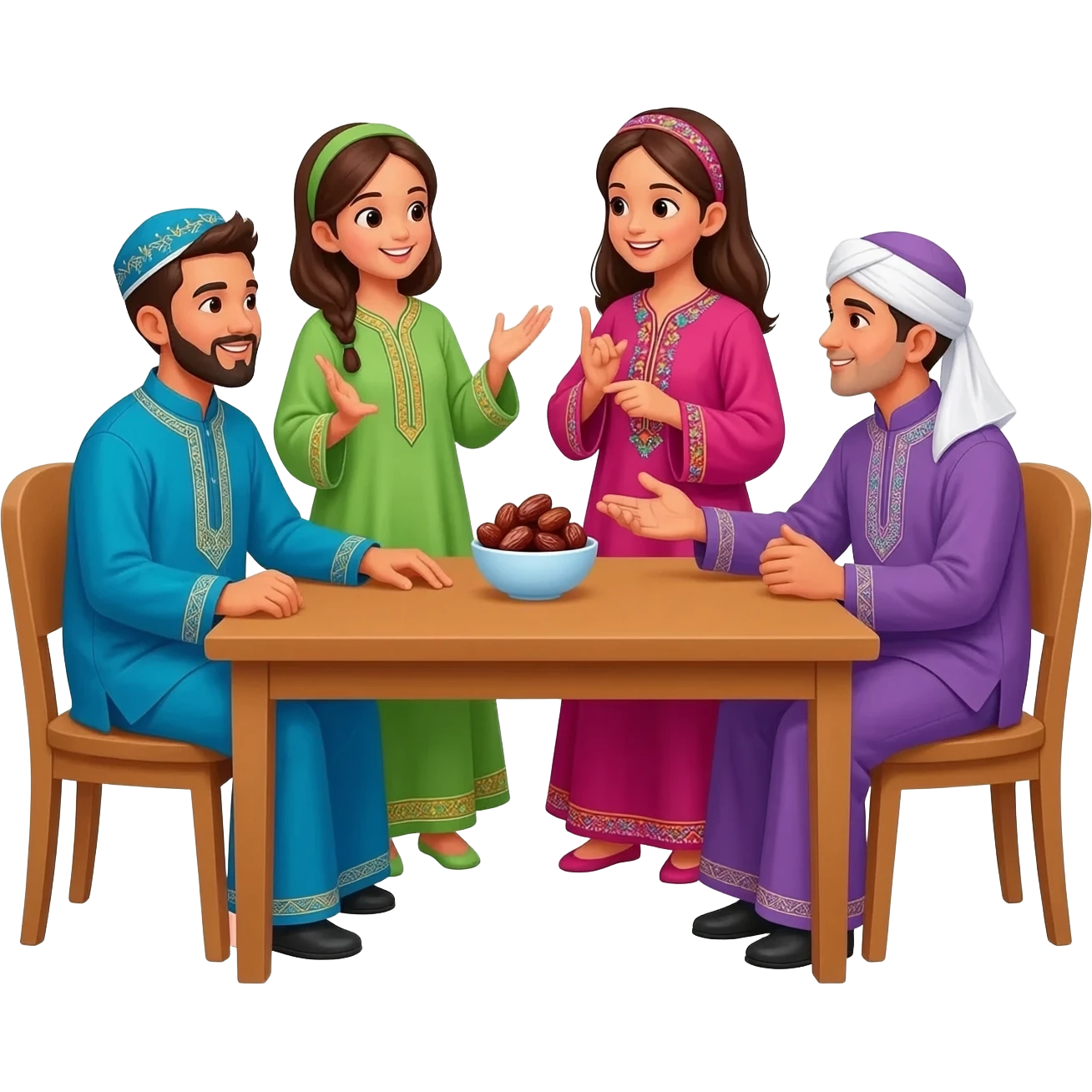 happy family islamic clothing sitting on table talking emoji
