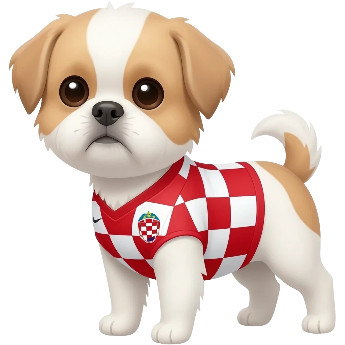 white and light brown shih zhu wearing a Croatia soccer jersey v neck 2026 work cup emoji