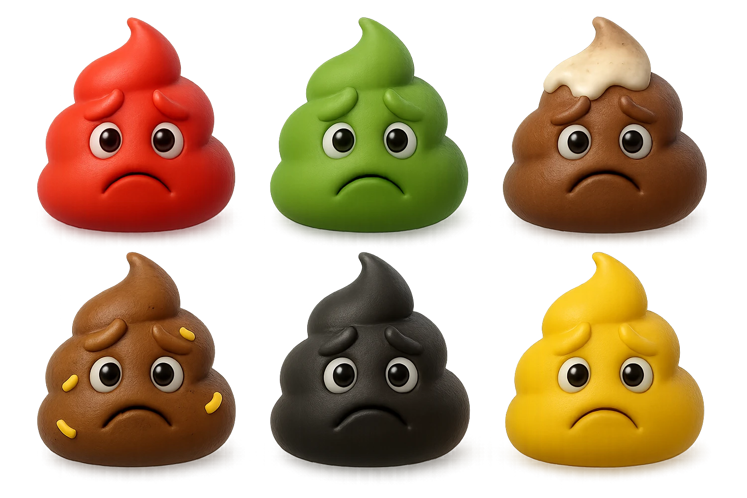 emoji stile iphone 3d di una cacca di colore rosso, una cacca di colore verde, una cacca di colore marrone con muco bianco visibile sopra,  una cacca di colore marrone con penne di pasta a pezzetti visibili all'interno di essa,  una cacca di colore nero e una cacca di colore giallo, tutte le cacche hanno un espressione triste, iperrealistiche 4k emoji