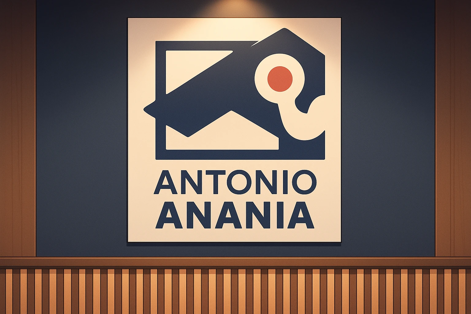 su questo stile fai un manga/webtoon a colori in cui mostri quella parete dietro dello studio con il suo logo e la scritta "ANTONIO ANANIA" SOTTO IL LOGO, LUCE CHE ILLUMINA IL LOGO emoji