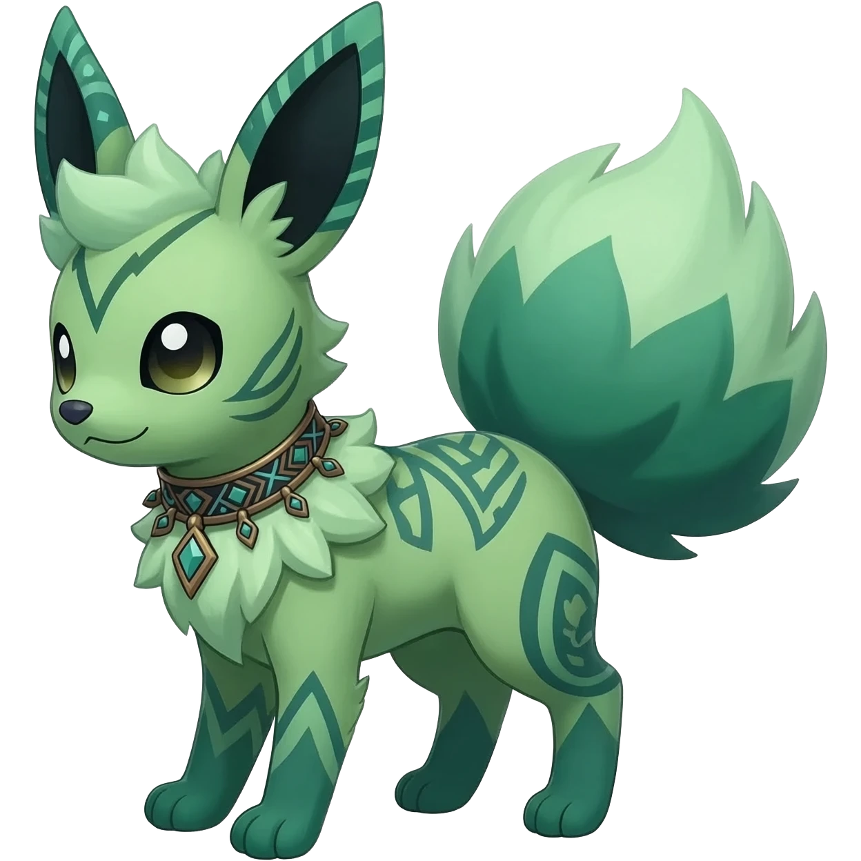 Rare epic greenish exotic cute epic aesthetic gothic colorful Salandit-Eevee-Civet-species-Fakemon-hybrid-creature, with a collar, and with intricate tribal markings, full body emoji