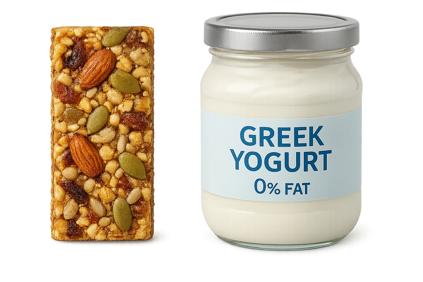 BARRETTA ENERGETICA E BARATTOLO DI YOGURT GRECO CON  LA SCRITTA "0% grassi" SULL'ETICHETTA  , ISOLATA SU SFONDO BIANCO emoji