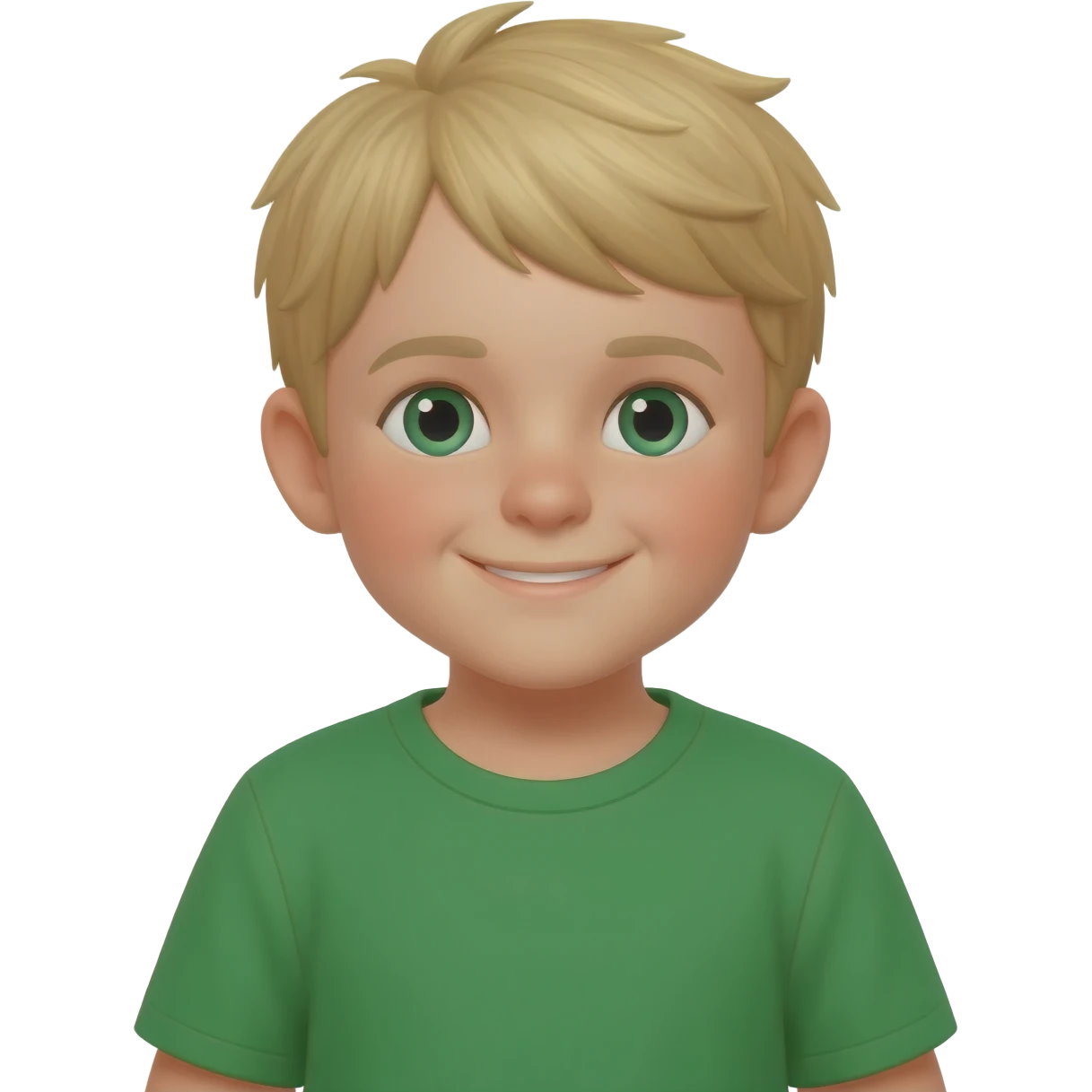 3 year old blonde boy with green-blueish eyes happy getting dressed with a green t-shirt emoji