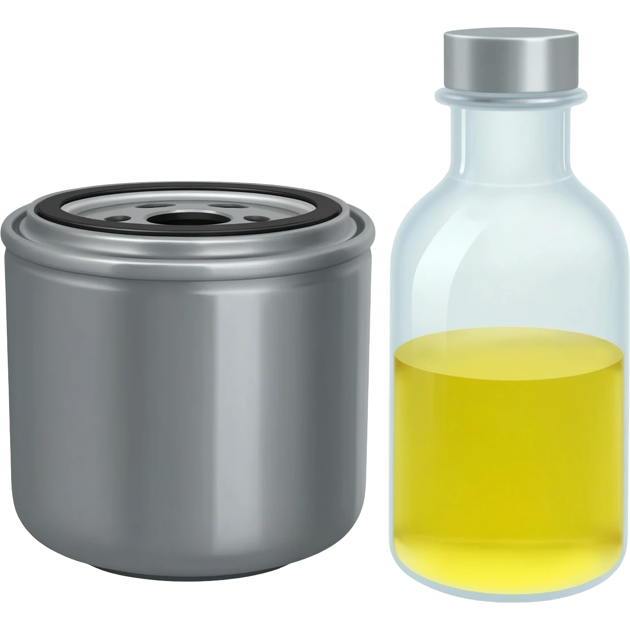 an oil filter and oil sample bottle with clean oil in it emoji