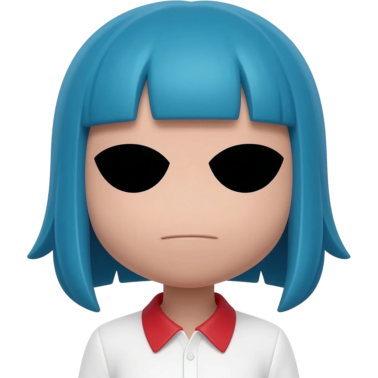 gorillaz 2-d completely black eyes, blue hair no bangs, white shirt with red neck collar, emoji