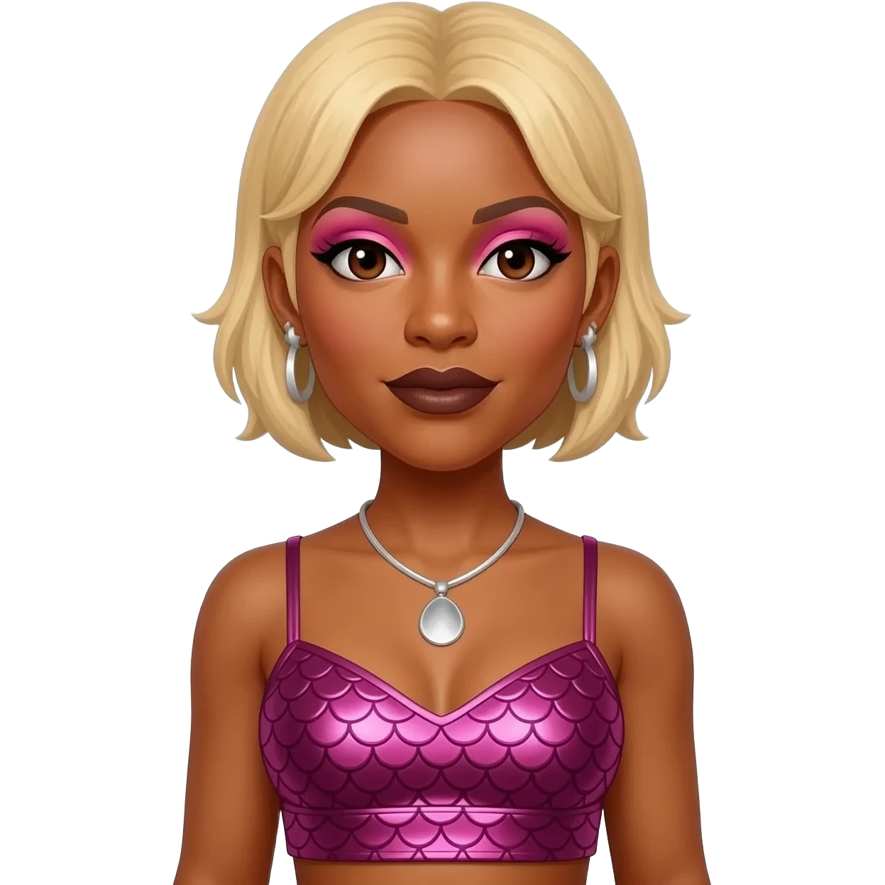 Tionne T-Boz Watkins from TLC with dark brown eyes, short blonde hair, pink eyeshadow, dark brown lipstick, dark pink metallic mermaid crop top, silver necklace and earrings emoji