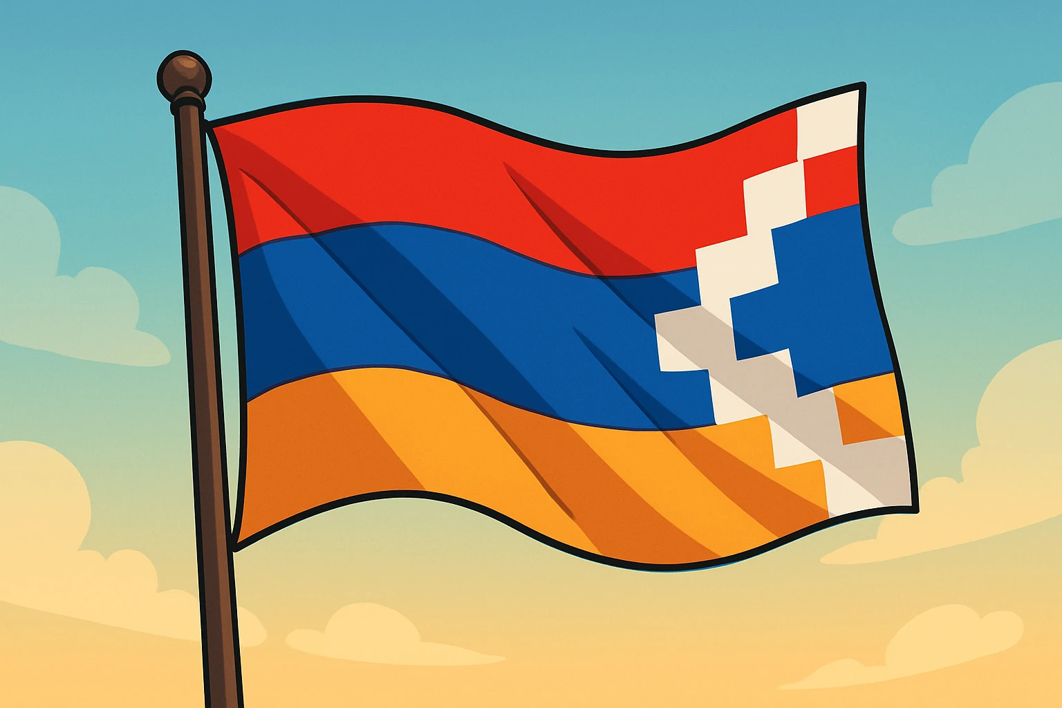 animated flag of Artsakh, gently waving, with a soft gradient background, vibrant toon style emoji