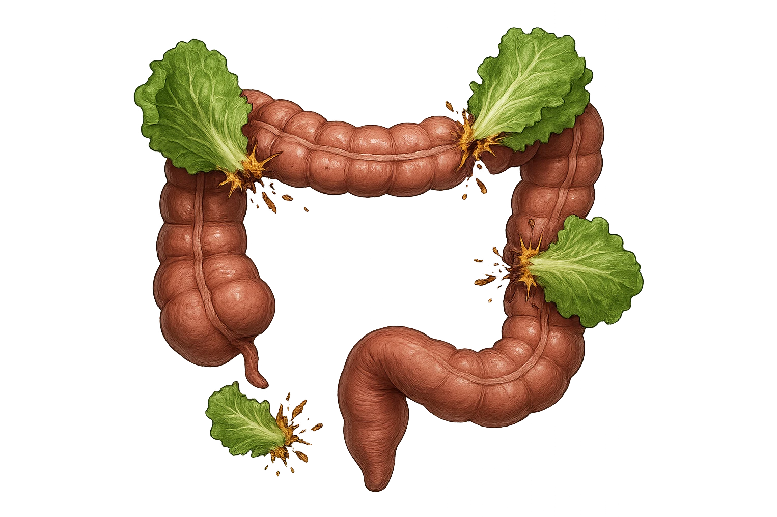 foglie di insalata che attaccano un intestino anatomico umano per distruggerlo emoji