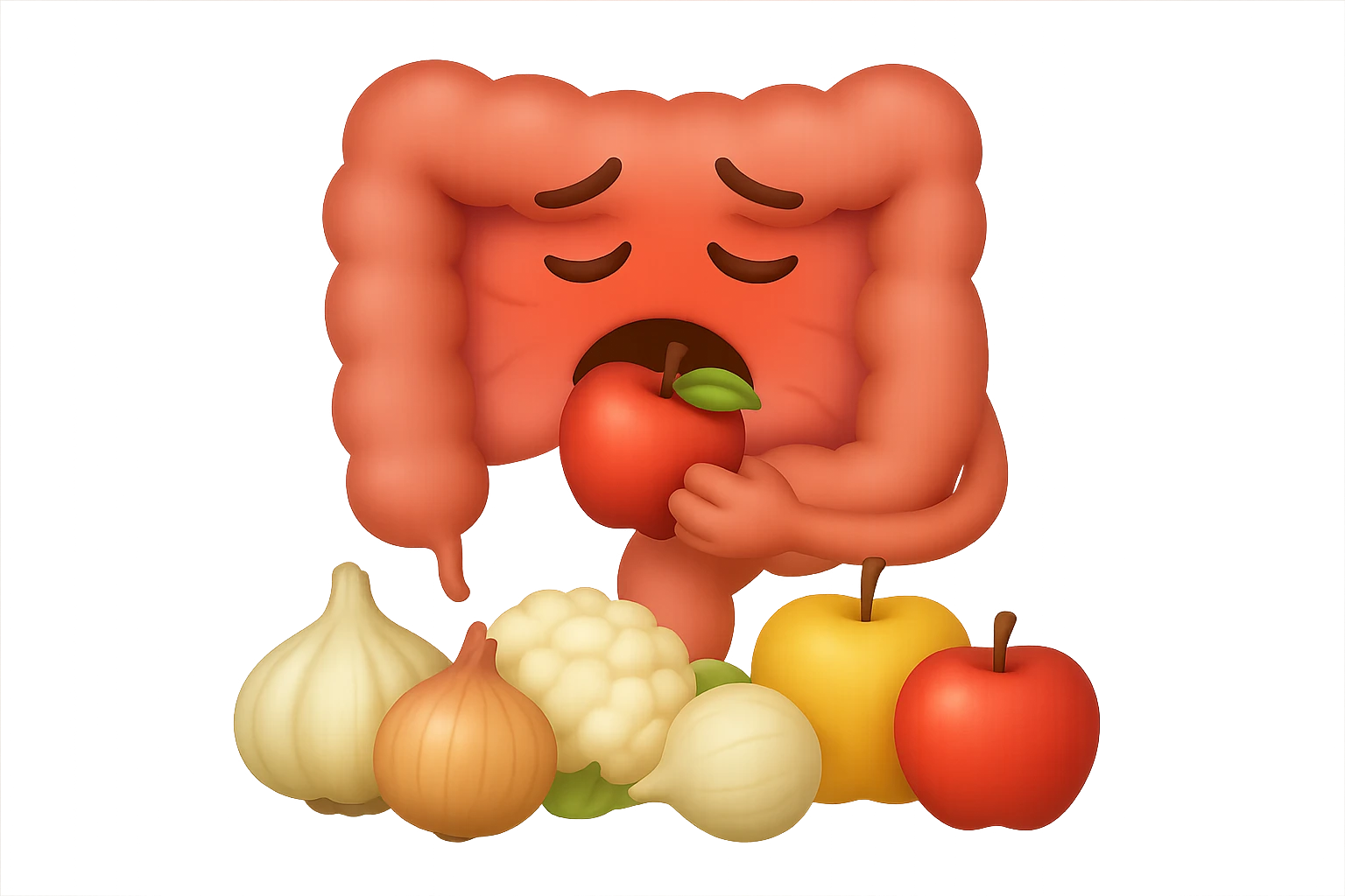 EMOJI STILE IPHONE DI UN INTESTINO UMANO IN CRISI PERCHé STA MALE, IN BOCCA HA UNA MELA E DAVANTI A LUI C'è UNA MONTAGNA DI aglio, cipolle, cavolfiore e mele emoji