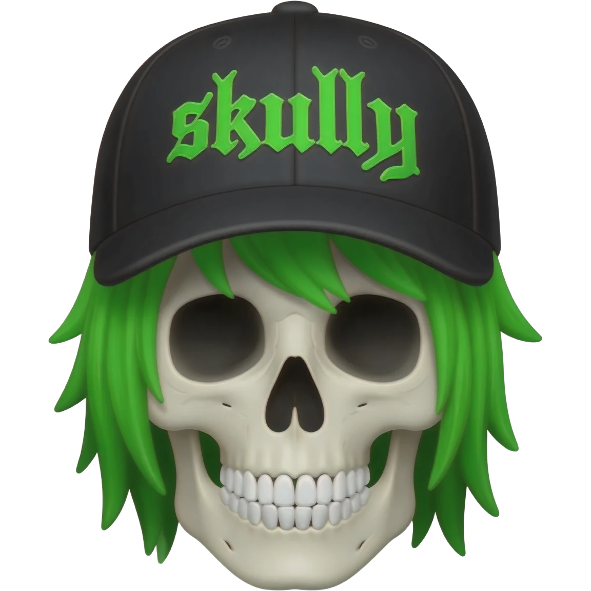Create a skeleton head wearing a black baseball cap that says "skully" in green lettering, with green emo hair emoji