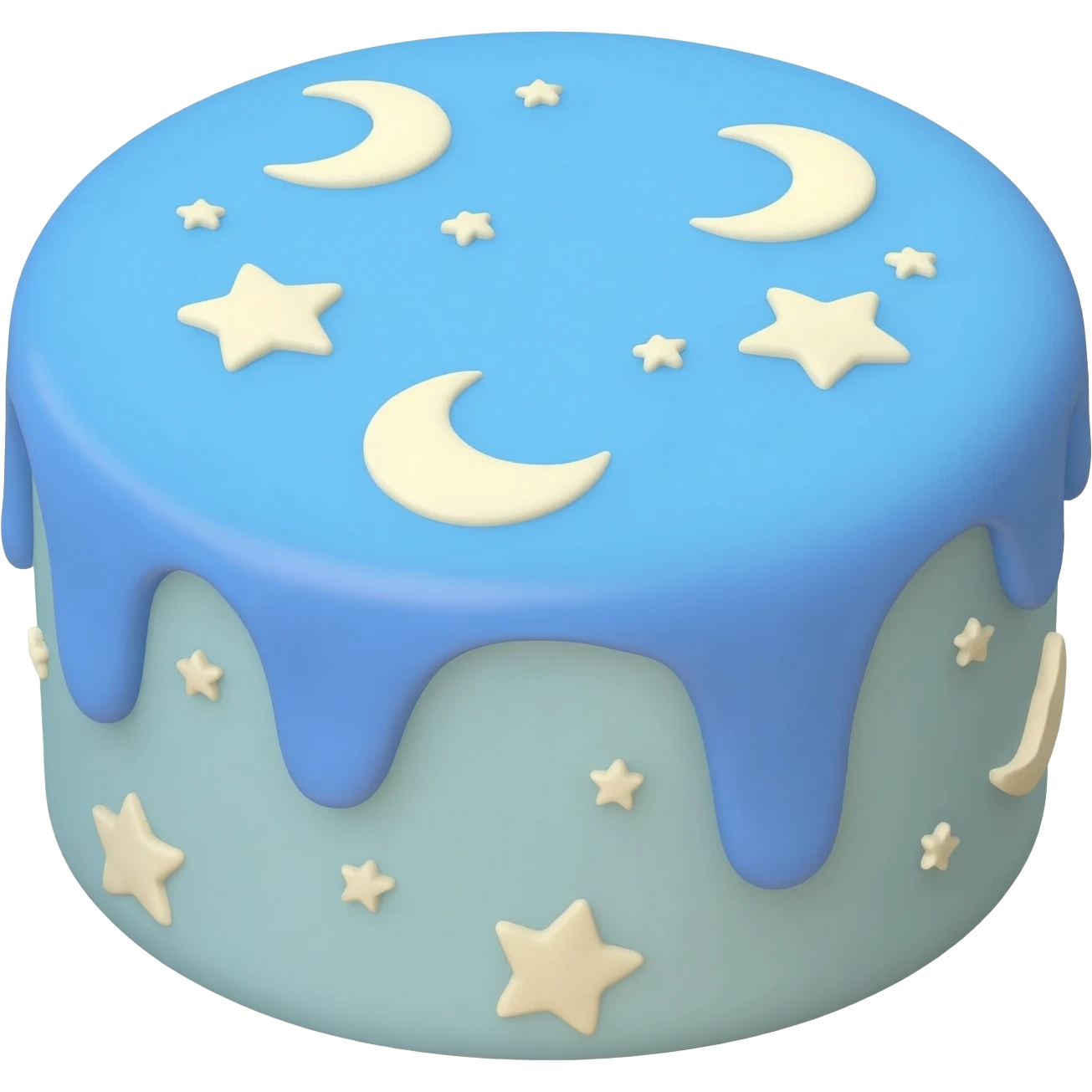 birthday cake with blue icing, moons and stars emoji