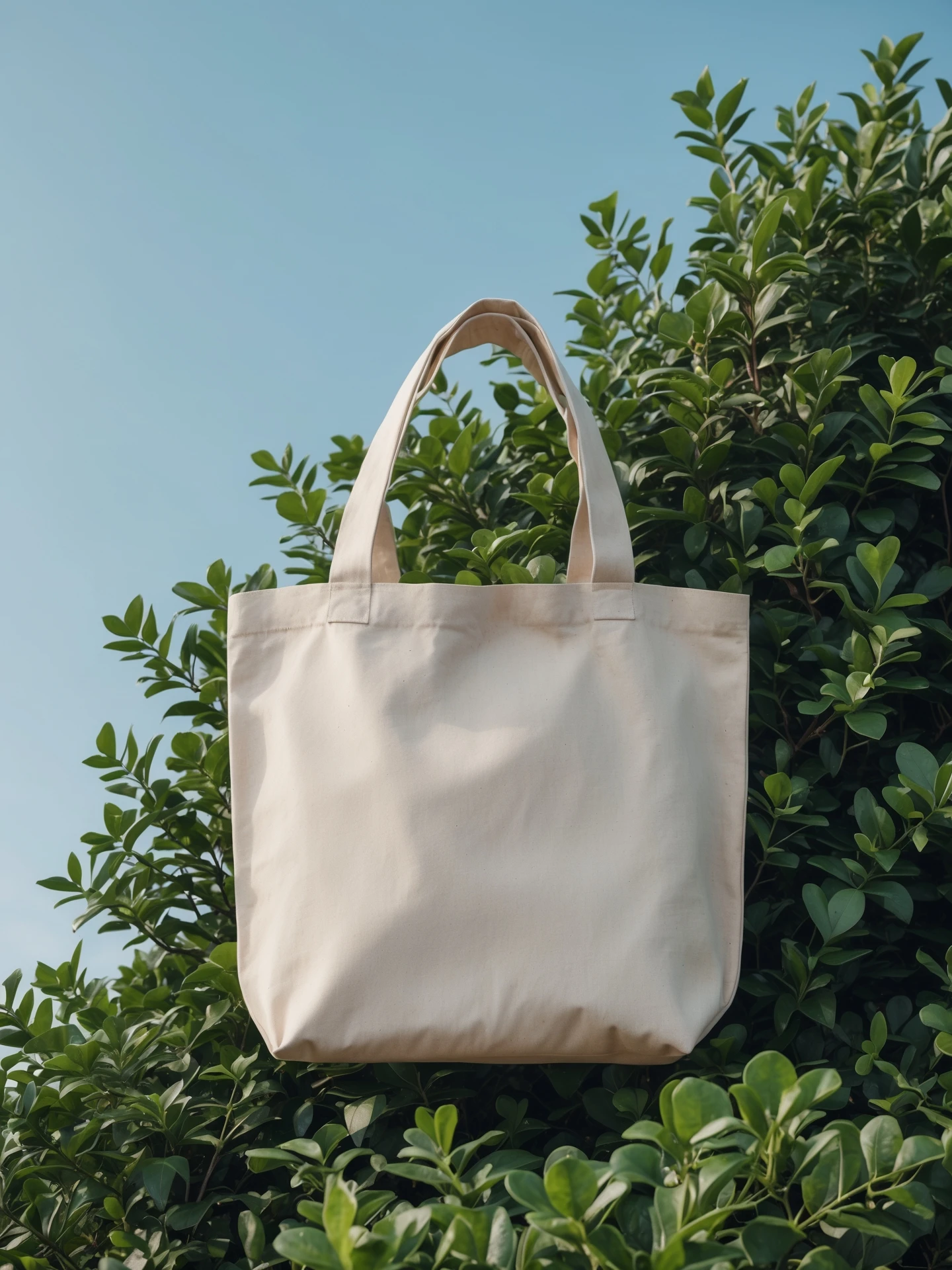 High-resolution mockup of a minimalist canvas tote bag, placed perfectly centered on the canvas. The tote bag is made of natural cotton fabric, light beige color, with a simple and elegant look. Background features a deep green organic bush, clean blue sky above, bright daylight, emoji