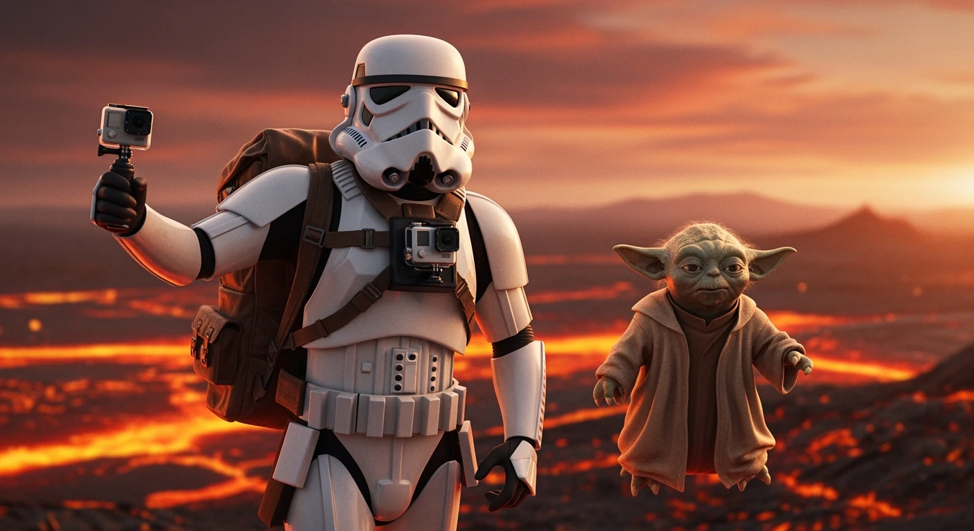 Cinematic still, Shot on vlog camera, Starwars stormtroopers vlogging , he is walking on lava planet with yoda emoji