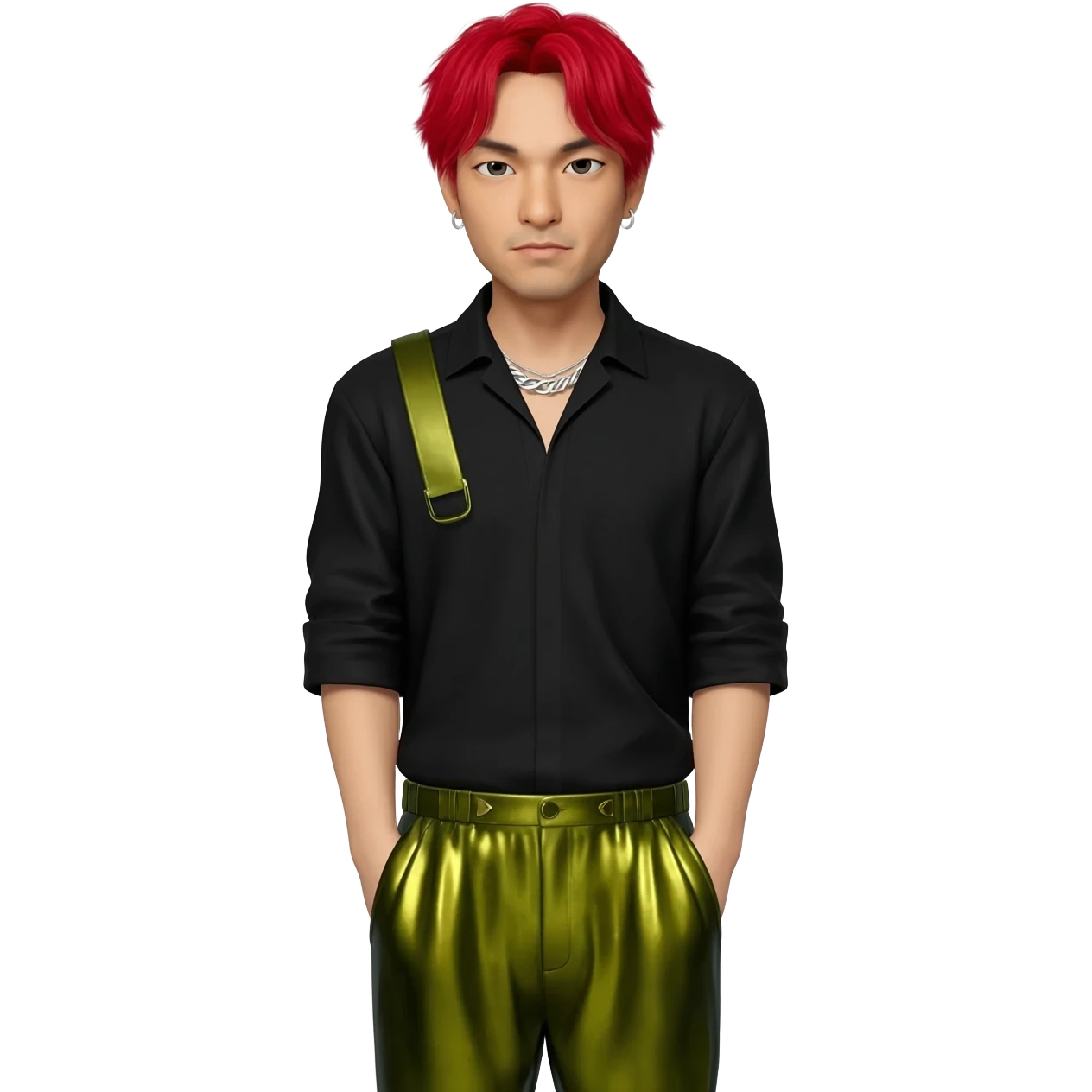 Mike Shinoda with red hair, black shirt, olive metallic baggy pants, silver necklace emoji