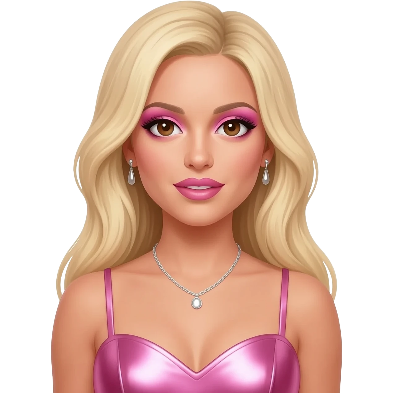 Britney Spears with brown eyes, long blonde hair, pink eyeshadow and lipstick, pink metallic sweetheart dress, silver necklace and earrings emoji