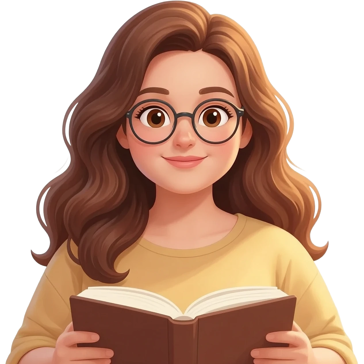 detailed emoji illustration of a curvy woman with long chestnut brown wavy hair, light brown eyes and round glasses, sitting comfortably and reading a book, warm sunlight, peaceful atmosphere, emoji style emoji