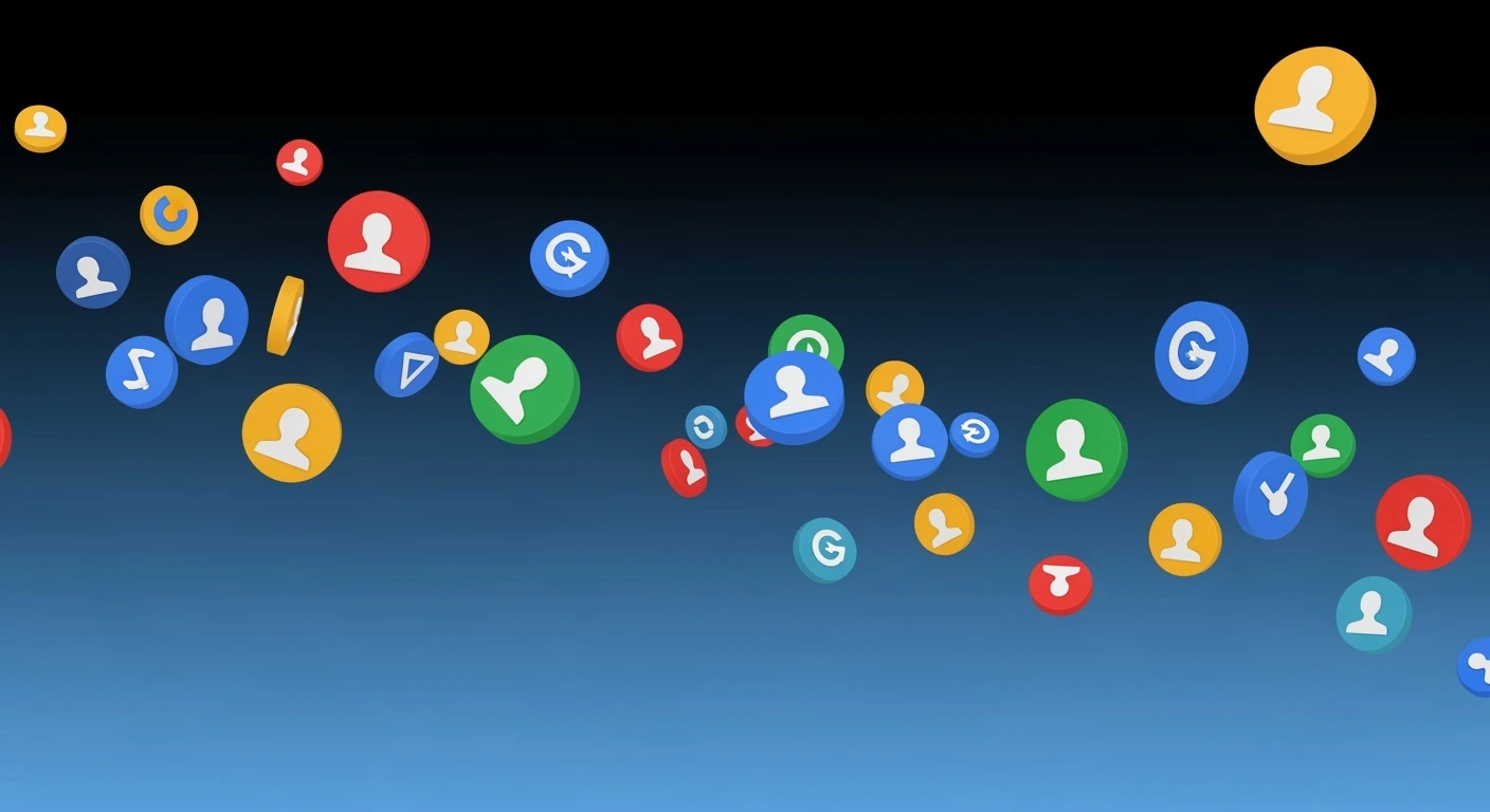 Graphic of a flying aroundg google profiles (Gradient black and blue background) emoji