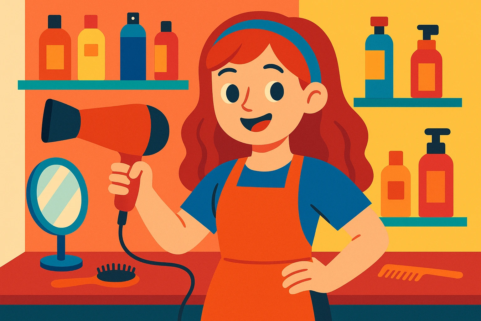 chica en la peluquería, secador de pelo en mano, estilo vibrante y amigable, fondo con productos de belleza emoji