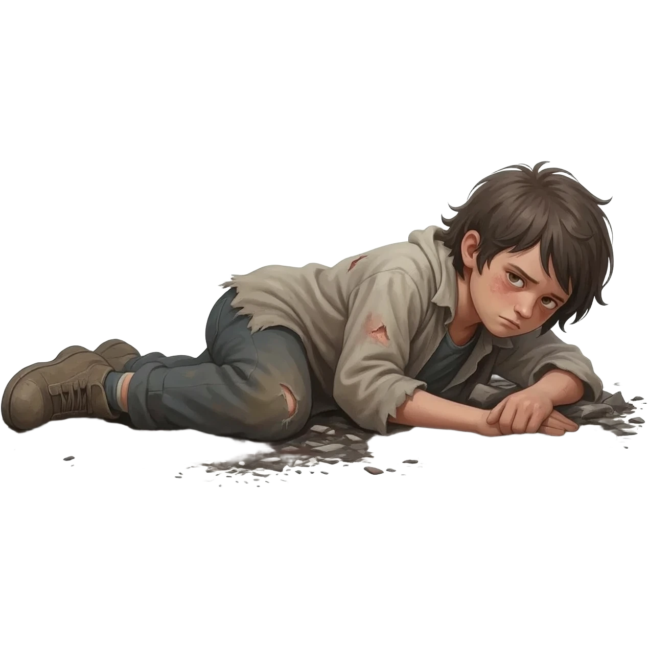 нарисуй бедного в рваной одежде парня 20-24 лет , как он лежит в открытом грабу emoji
