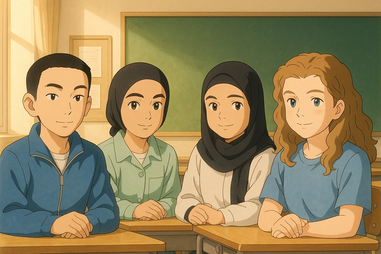 Illustration style Ghibli représentant quatre étudiants assis en classe, inspirés des quatre visages fournis, avec une ambiance chaleureuse et studieuse. Arrière-plan lumineux d'une salle de cours. emoji