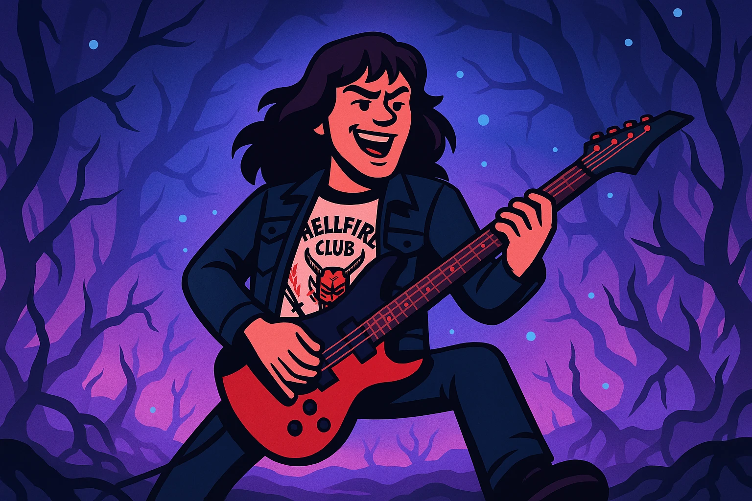 Replace the character with Eddie Munson from Stranger Things, playing an electric guitar in the Upside Down. Use vibrant toon style with a wide 16:9 aspect ratio. Include a dramatic supernatural background with eerie lighting and atmospheric effects to capture the Upside Down ambiance. emoji