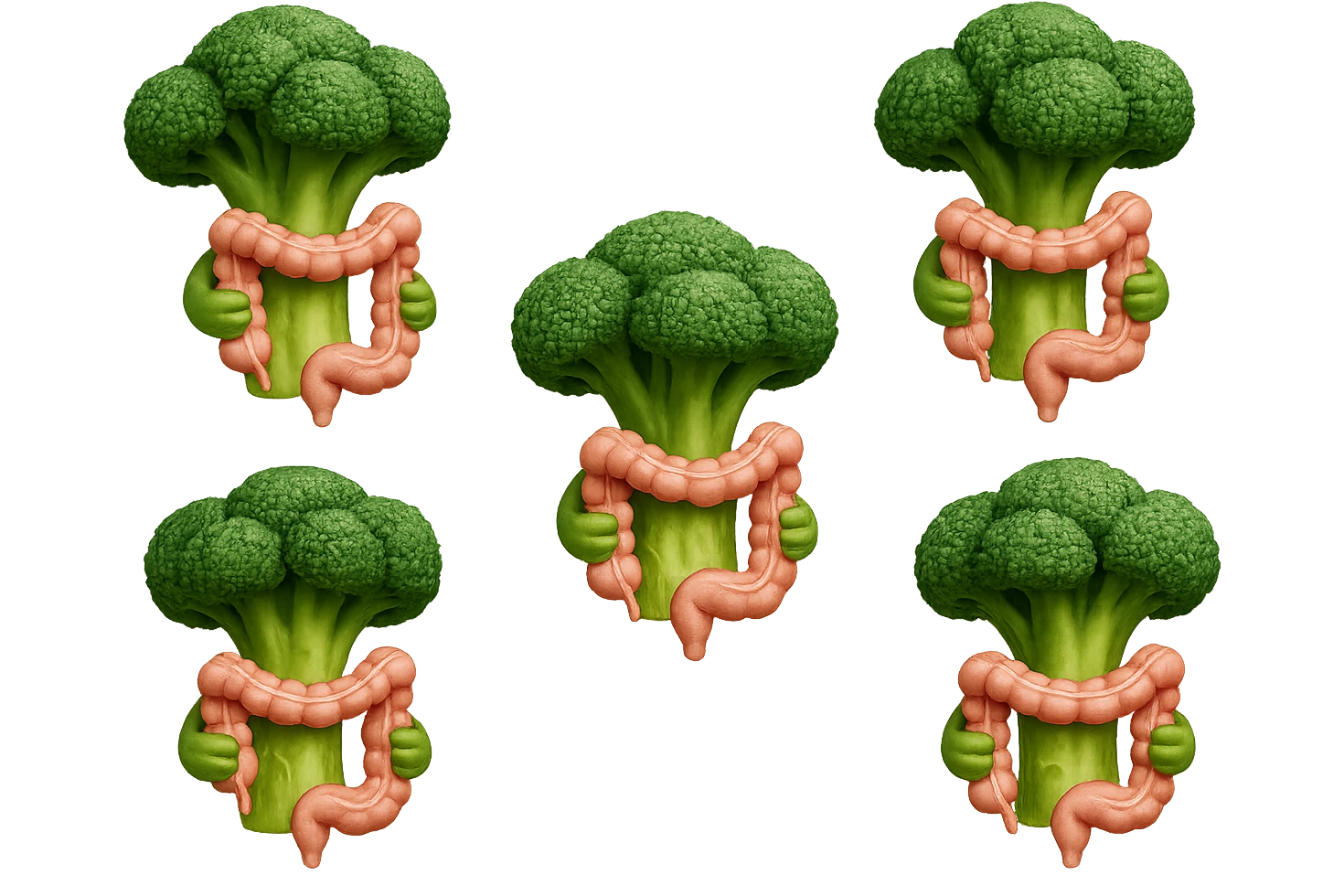 broccoletti stile emoji iphone fluttuano in aria stringendo in mano un pezzo di colon intestinale, iperrealistico 4k emoji