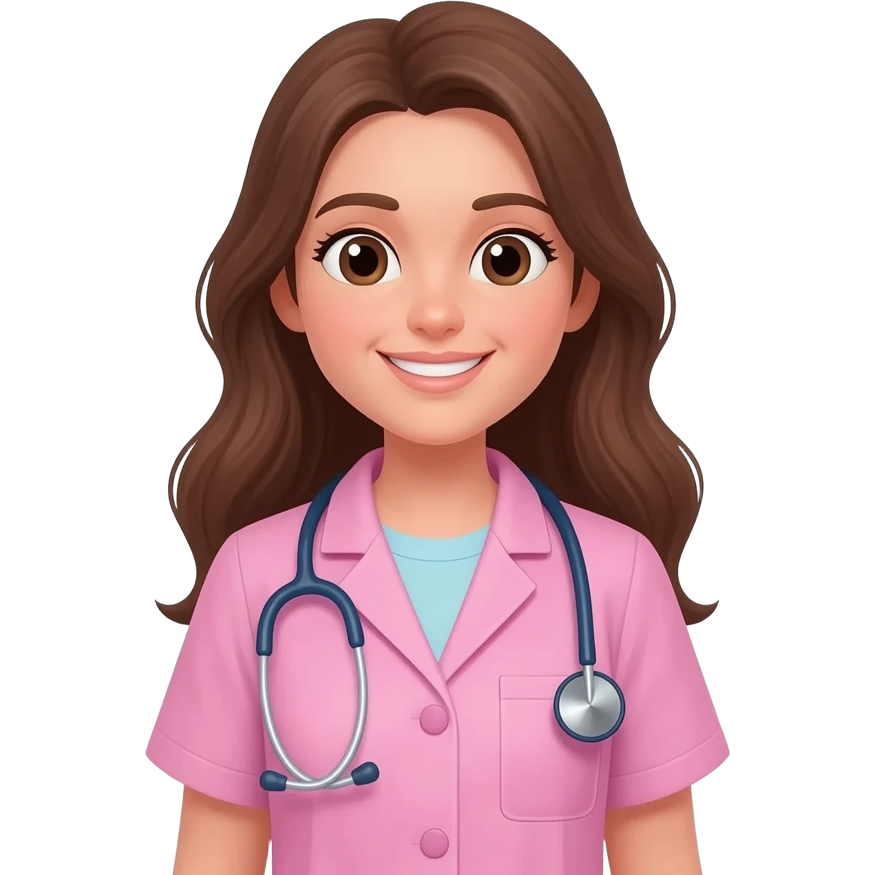 A girl veterinarian with long brown hair in a pink coat with a stethoscope emoji