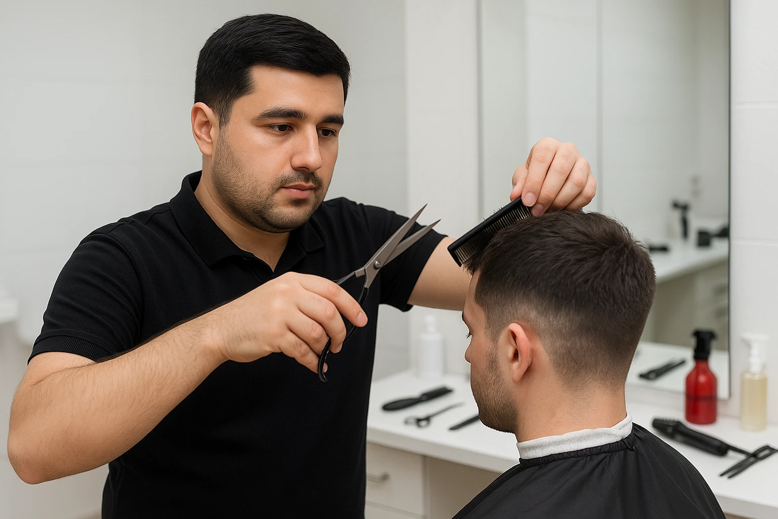 sartaroshxonada mijozlarni sochini olayotganin  tasvirlab ber juda yosh ham katta ham bo'lmasin semiz ham bo'lib ketmasin o'smirin davrini yuzi ko'rinmasin emoji