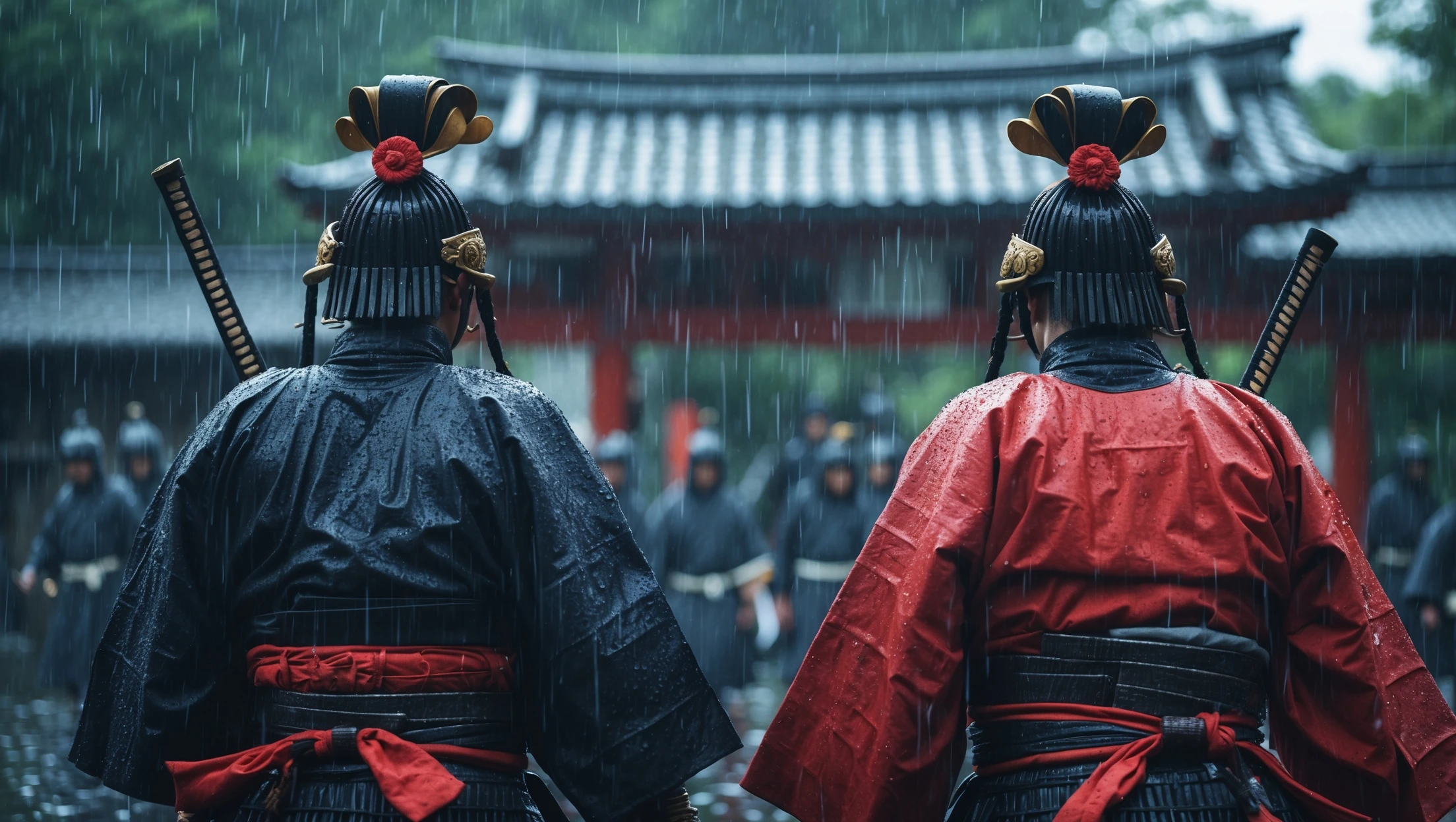 A cinematic scane of a two japan samurai ready to fight during rain, deph composition, tense atmosphere, shot by arri alexa emoji
