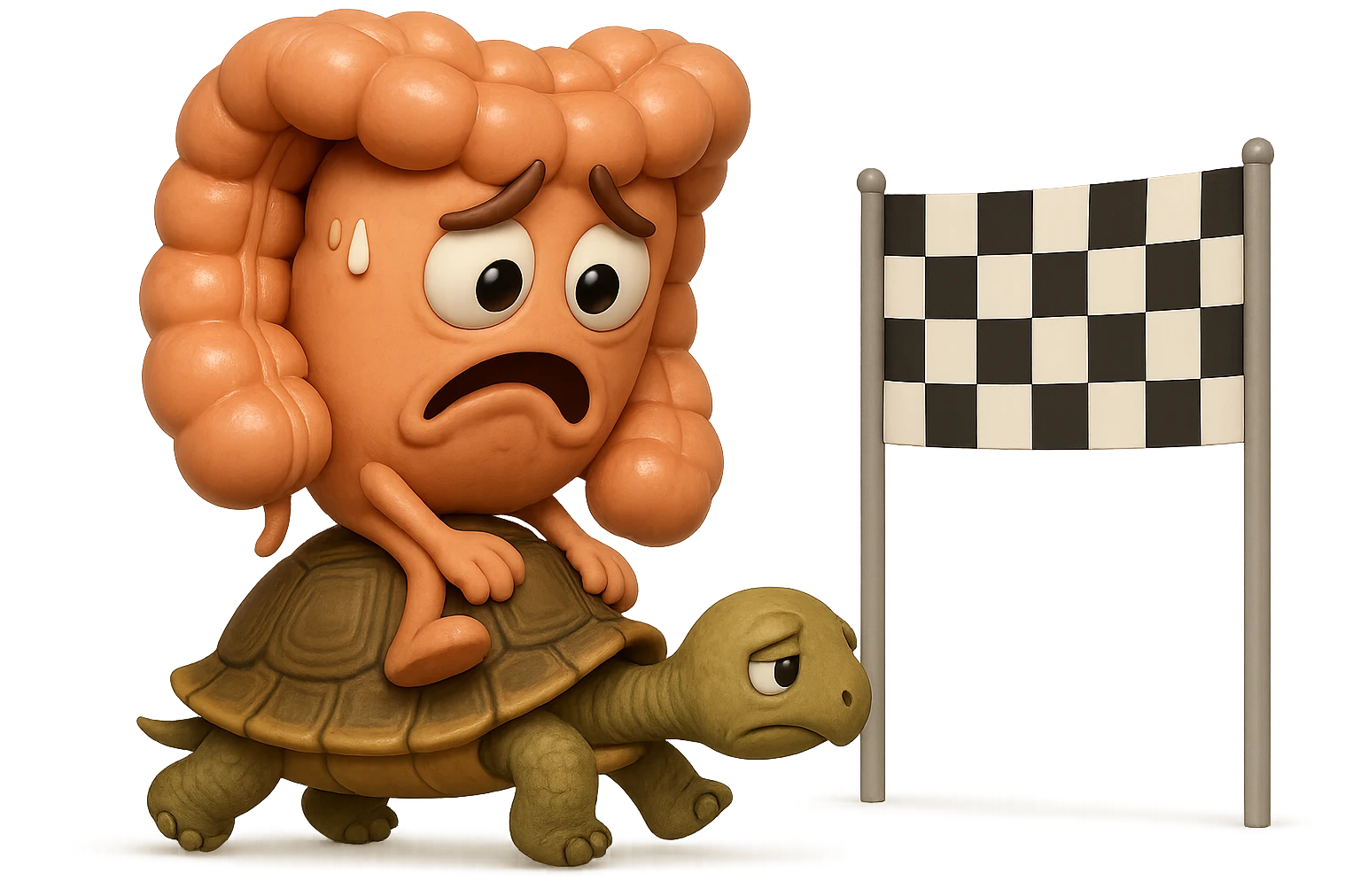  EMOJI STILE IPHONE 3D DI UN INTESTINO CON ESPRESSIONE ANGOSCIATA CHE CAMMINA SEDUTO IN GROPPA SUL GUSCIO DI UNA TARTARUGA IN ATTESA ESTENUANTE DI RAGGIUNGERE UN TRAGUARDO POCO PIù AVANTI, SULLA LORO DESTRA. IL TRAGUARDO è UNA BANDIERA A DUE PIEDI CON FASCIA A SCACCHI BIANCHI E NERI. iperrealistico 4k emoji