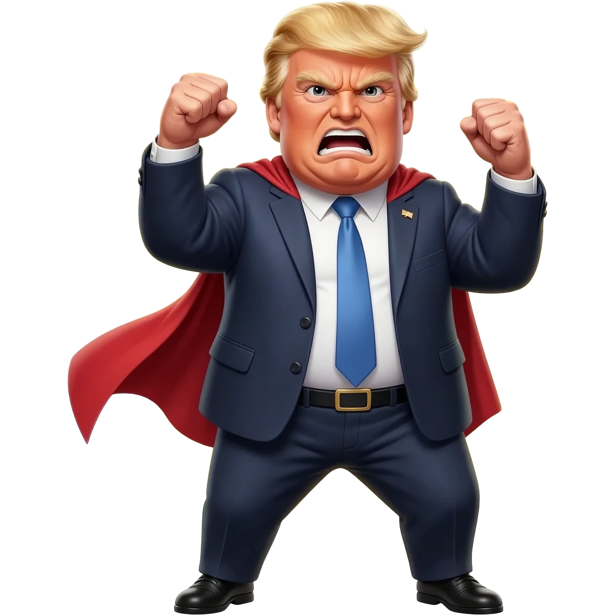 an angry old and fat President Donald Trump in a realistic style, even more realistic and not cartoonist at all, make it un flatering, real life photo, powering up for a super hero attack, full body, photo realism emoji